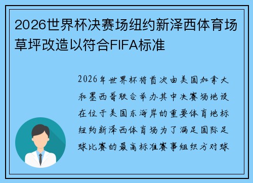 2026世界杯决赛场纽约新泽西体育场草坪改造以符合FIFA标准 2026世界杯决赛场纽约新泽西体育场草坪改造以符合FIFA标准