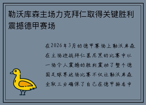 勒沃库森主场力克拜仁取得关键胜利震撼德甲赛场 勒沃库森主场力克拜仁取得关键胜利震撼德甲赛场