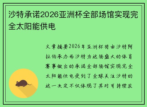 沙特承诺2026亚洲杯全部场馆实现完全太阳能供电